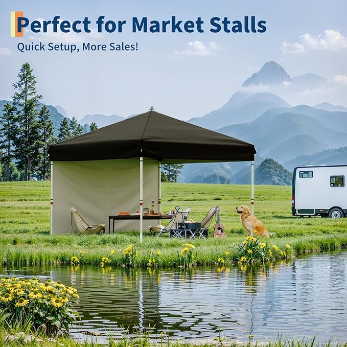 10x10 Pop Up Canopy Tent Outdoor Canopy with 1 Removable Sidewall One-Person Set Up Heavy Duty Commercial Instant Tent Shelter-Black