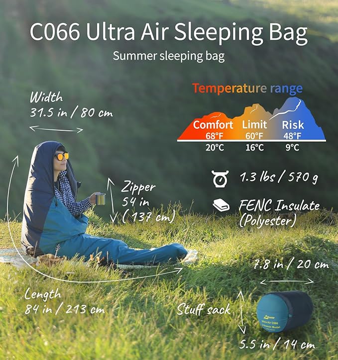 1.25 lbs Sleeping Bag, 68°F-48°F Backpacking Lightweight for Adults, Summer Backpacking Sleeping Sack, Compact Foldable Insulating Mummy Bag and Stuff Sack for Summer Camping Hiking C066