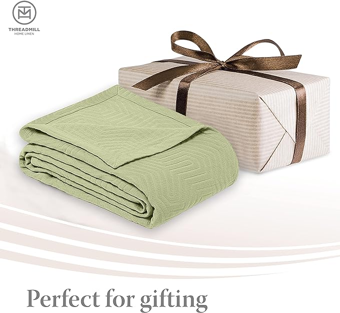 Threadmill Luxury Cotton Blankets for Queen Size Bed | All-Season 100% Cotton Queen Size Blanket | Aster Cozy Lightweight, Soft Breathable Coverlet fits Full Size Bed, 90x92 | Sage Green