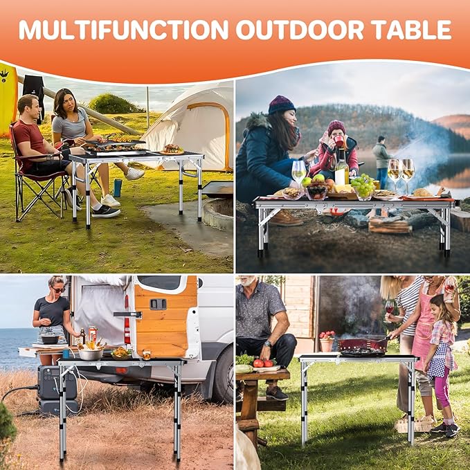 FUNYKICH 3ft Folding Grill Table for Outside 34.2''x15.7'', 3 Height Adjustable Portable Camping Tables, Lightweight Metal Aluminum Outdoor Table with Carry Handle for Camping, Picnic, BBQ, Silver