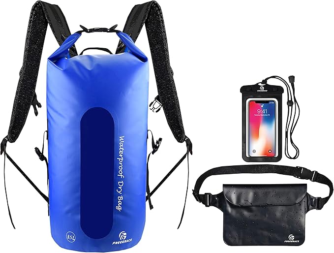 Freegrace Waterproof Dry Bags Set Of 3 - Dry Bag With 2 Zip Lock Seals, Waist Pouch & Phone Case - Can Be Submerged Into Water For Swimming, Kayak, Rafting & Boating (Window, Navy Blue, 35L)