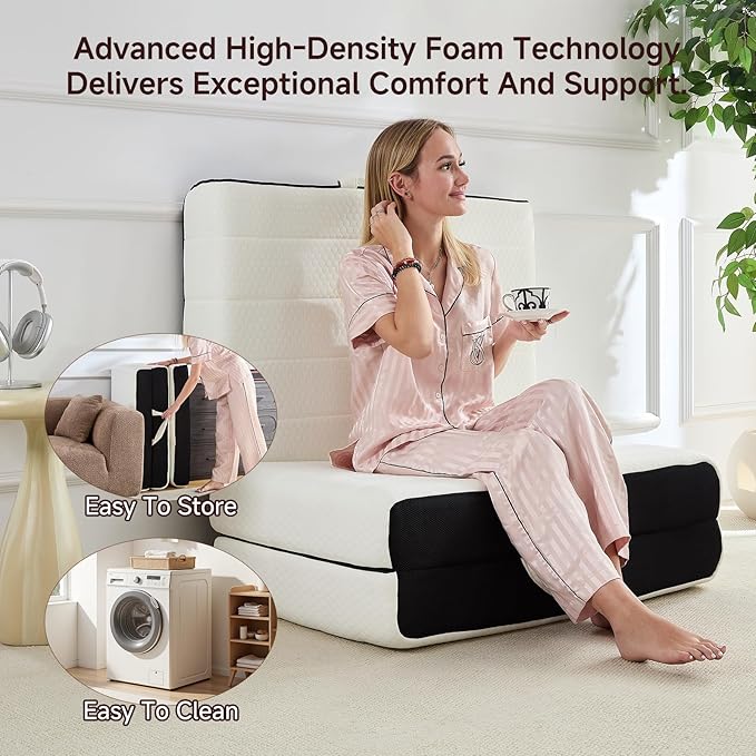 Foldable Mattress, Single Tri-Fold Memory Foam Mattress Topper with Washable Cover, Handle & Non-Slip Bottom, 4 Inch Portable Folding Bed for Guest, Yoga, Living Room, Camping - 75"x25"x4"