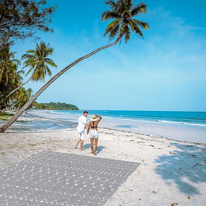 78''×86'' Large Beach Blanket for 4 Adults, Outdoor Beach Mat Sand Proof Waterproof with 4 Stakes & 4 Corner Pockets, Polyester Lightweight Comapct Grey Picnic Blanket for Travel, Camping, Hiking