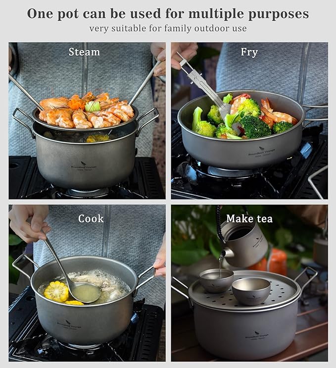 Boundless Voyage Multifunctional Titanium Steamer Pot with Frying Pan and Vented Lid Outdoor Camping Backpacking Kitchen