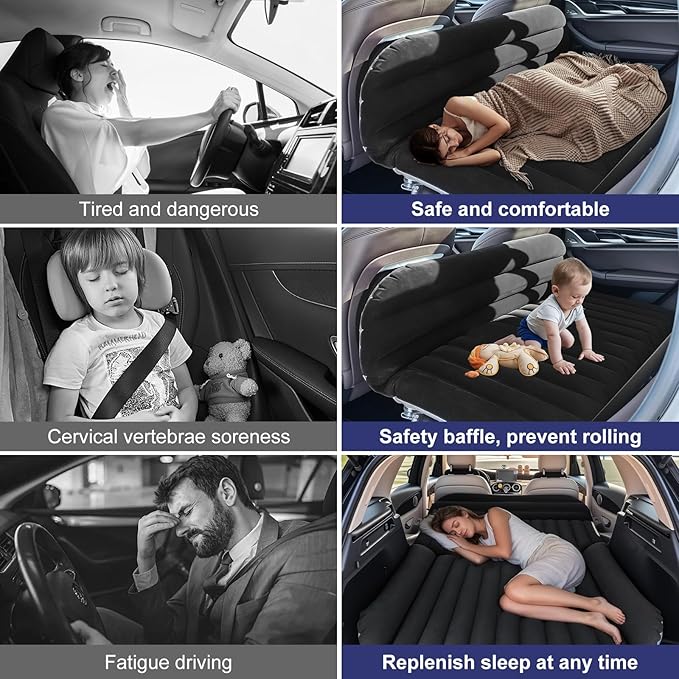 SUV Car Air Mattress – Inflatable Back Seat Bed with Electric Air Pump, Portable Camping Travel Sleeping Pad, Blow Up Car Bed (Black for SUV)