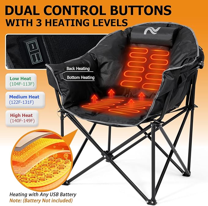 Lilypelle Oversized Heated Camping & Patio Lounge Chairs - 3 Heat Levels, Portable Folding Moon Saucer Chair for Outdoors & Camping