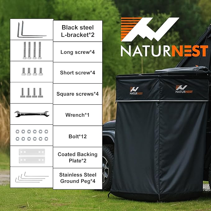 Naturnest Shower Awning, Car Camping Shower with Led Light, Roof, and Floor Mat, Portable Privacy Car Side Tents as Camping Bathroom, Restroom, Toilet