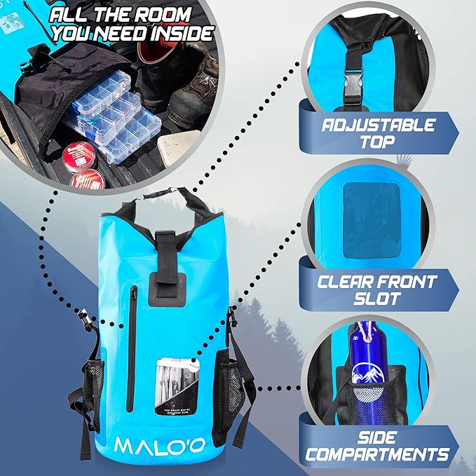 Malo’o DryPack 30L Waterproof Backpack, Roll-Top Dry Bag Backpack with Padded Straps, Floating Design for Beach, Kayaking, Fishing, Boating, Travel, and Water Sports, Blue