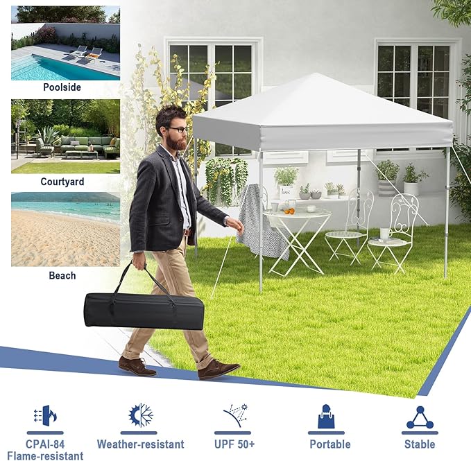 6.6 x 6.6 Ft Pop Up Canopy, 1 Person Instant Setup Canopy Tent with Push Center Lock, 8 Stakes, 4 Ropes & Carrying Bag, Portable Easy Up Gazebo Shelter for Outdoor Camp, Beach, Patio & Party