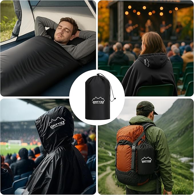 ONTYZZ Waterproof Camping Blanket, Windproof Poncho Hoodie Blankets with with Crystal Velvet Lining, Wearable Sleeping Bag for Stadium, Concerts, Car Travel, Beach, Picnic, Two Pack(79 x 59'')