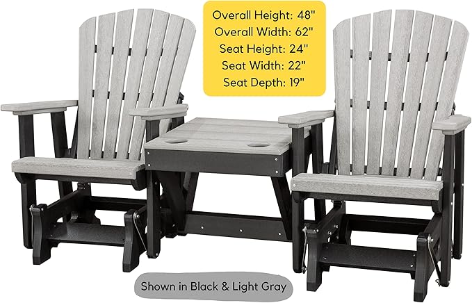 DutchCrafters Slat Fan Back Double Poly Adirondack Glider Outdoor Patio Chairs with Center Table (White & Blue)