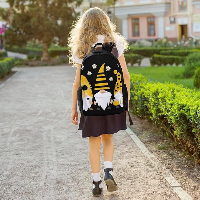 Men Women Lightweight Sunflower Bee Cute Cartoon Gnome Black Backpack Large Capacity Bookbag With Smooth Zippers for Gym Business Running