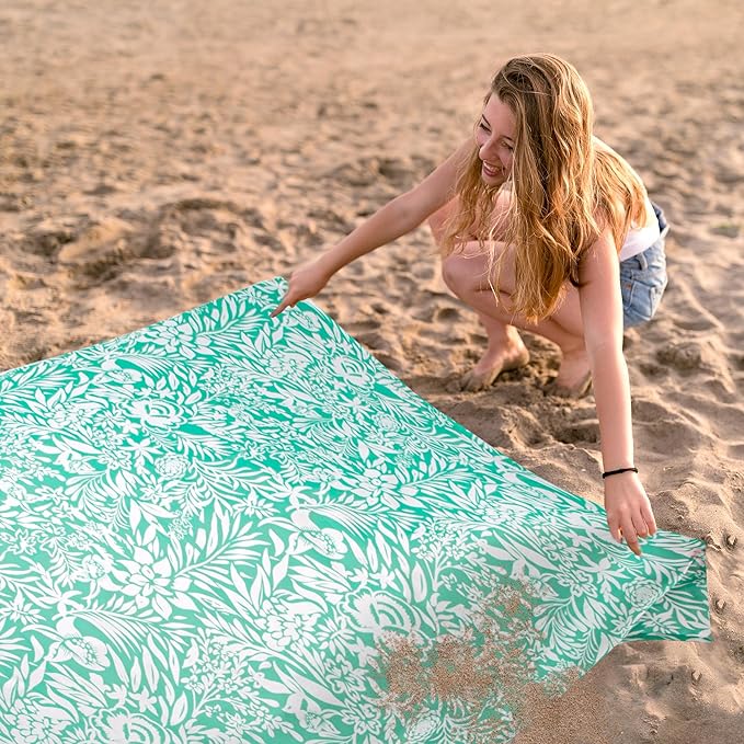 Beach Blanket Waterproof Sandproof Oversized, 110''×118'' Extra Large Beach Mat Sand Free, Lightweight Compact Folable Pinic Blanket w/ 4 Stakes & Pockets for Camping, Travel