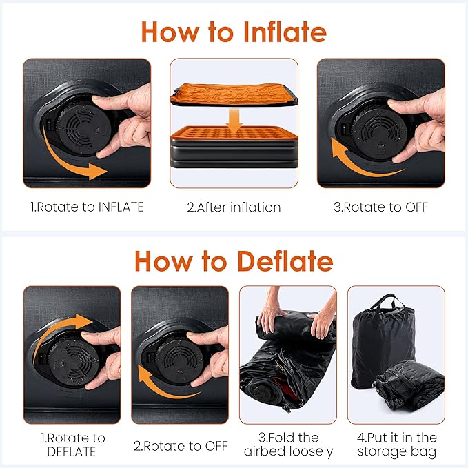 Camping Air Mattress Queen with Built in Pump 18" Thickness 660lbs Heavy Duty Comfortable Blow up Air Mattress with Carry Bag Inflatable Foldable Flocked Top Air Bed for Travel, Home (Black & Orange)