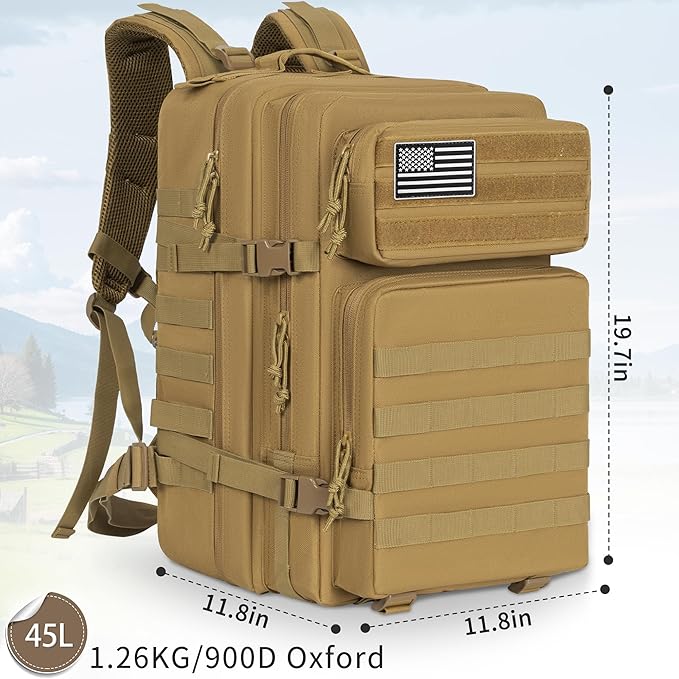45L Military Tactical Backpack for Men, Large Molle Backpacks Outdoor Tactical Bag for Hiking Camping Travel (Khaki)