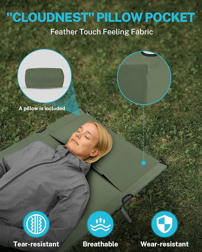 Gonex Camping Cot with Leg Extenders 2 in 1 Portable Ultralight Folding Cot for Adults Adjustable Height Supports 350lbs Sleeping Bed for Backpacking Travel Beach Home 74.8"x27.5"(Army Green, 1 PCS)