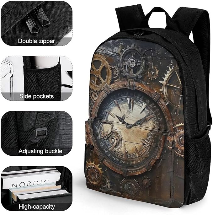 Rucksacks Multipurpose Anti-Theft Big Capacity Bookbag, Vintage Steampunk Clocks Travel Hiking Camping Rucksack With Padded Straps