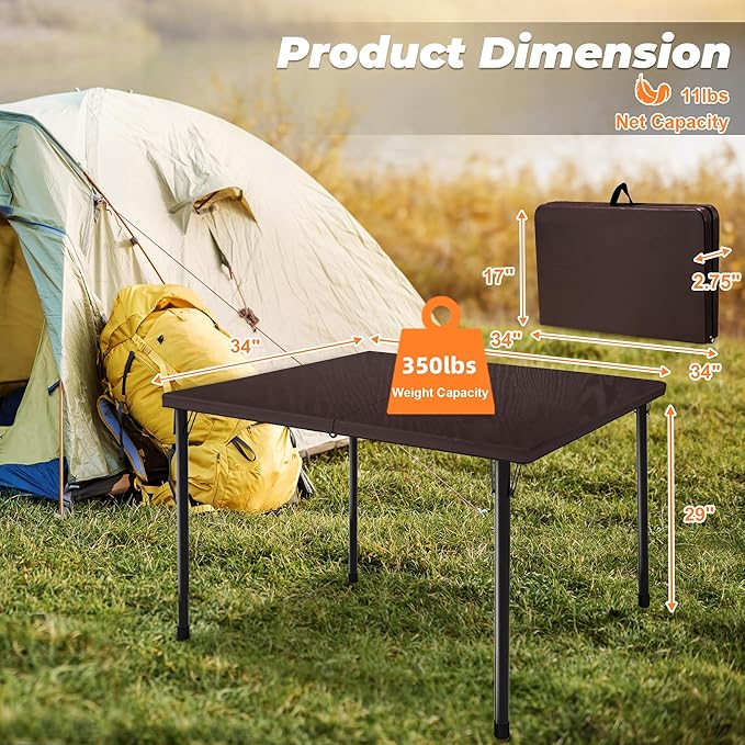 34" Camping Table, Portable Square Camping Card Table with Collapsible Legs & Carrying Handle, Plastic Tables for Outdoor Cooking,Camping,Picnic, Office, Party, Brown