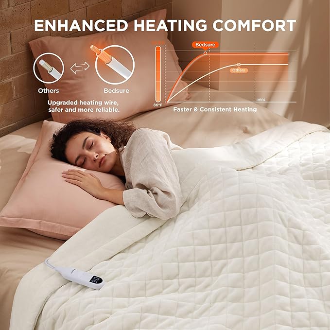 Bedsure Electric Blanket Twin - Quilted Heated Blanket Twin Size, Soft Flannel Thick Heating Blanket with 10 Time Settings & 6 Heat Settings, Warm Gifts for Women Men (62x84 inches, Ivory)