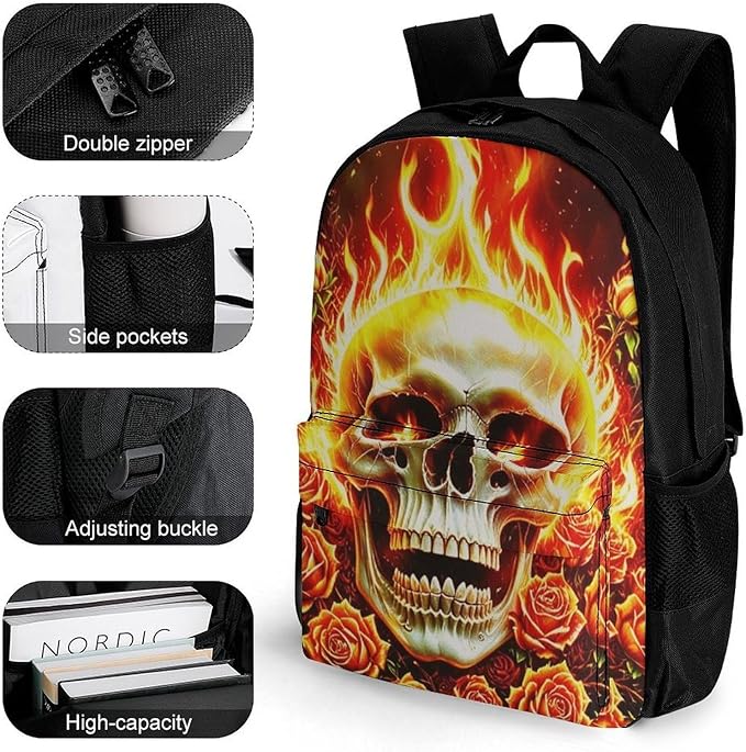 Daypack Bookbag Multipurpose Anti-Theft Big Capacity Carry On Bag, Skull Rose Fire Travel Hiking Camping Rucksack With Padded Straps
