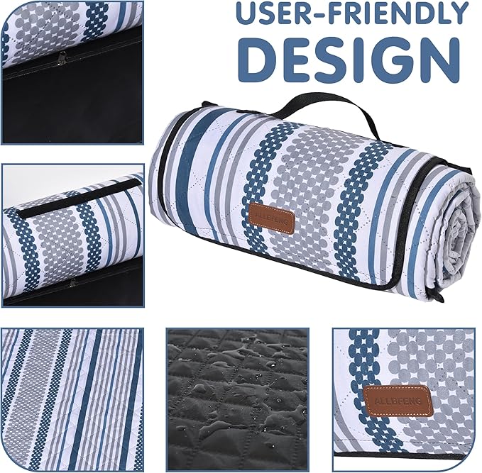 Oversized Waterproof Picnic Mat, Dustproof Washable Outdoor Beach Mat. Suitable for Camping, Outdoor, Beach, Party and Concert (Dark Blue & Gray, 80" x 60")