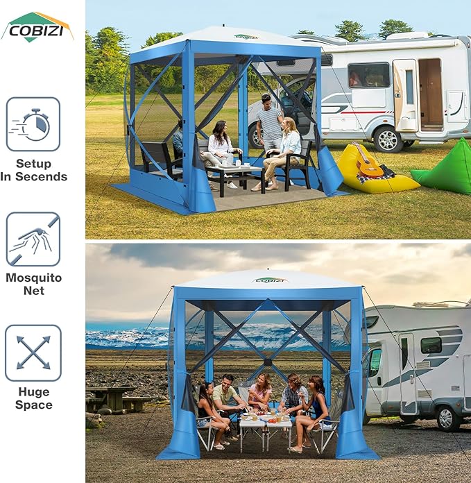 COBIZI Pop Up Gazebo Screen Tent Screen House for Camping, 6FTx6FT Screen Room with Mosquito Netting, Hub Tent Instant Screened Canopy with Carrying Bag and Ground Stakes, Blue