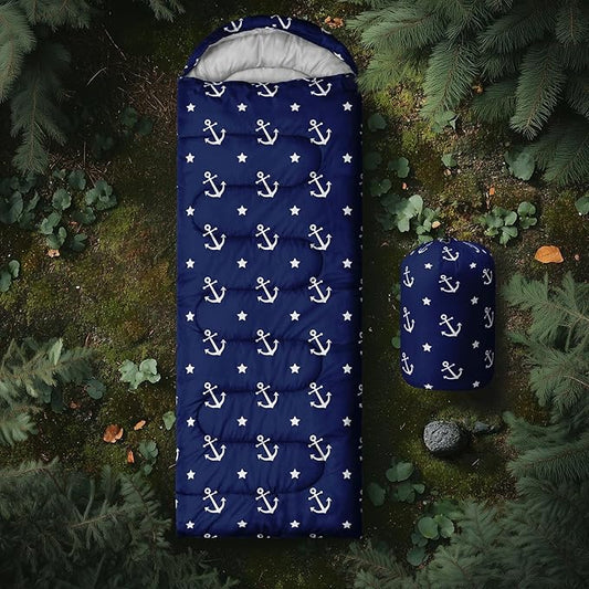 AILONEN Boys Sleeping Bag for Camping,Nautical Anchor,Lightweight & Waterproof,3 Season Warm & Cool Weather,Navy Blue Sleeping Bags for Kids Men Travelling,Outdoors
