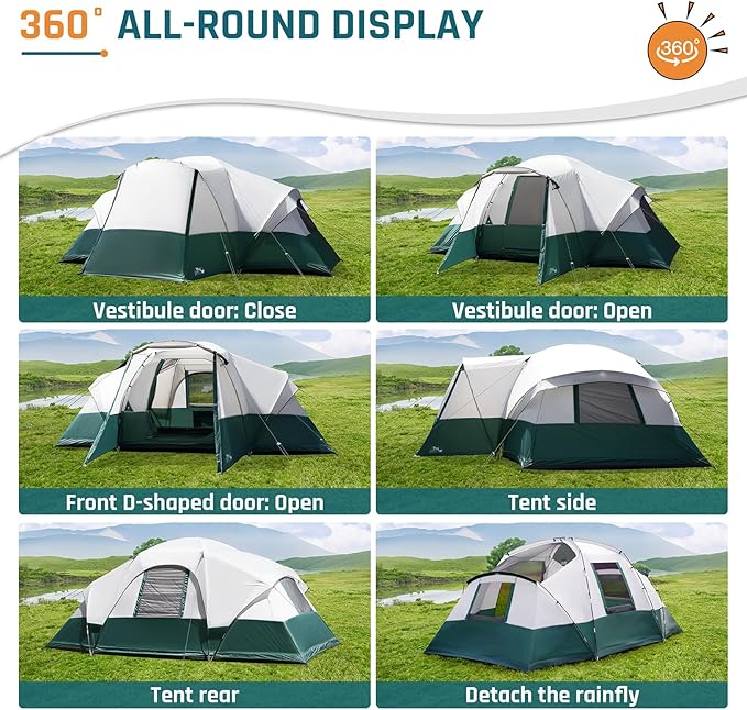 8/10/11 Person Camping Tent with Porch, Large Family Tents for Camping, PU1000MM Waterproof Tent with 5 Mesh Windows, Removable Rainfly, Reflective Windproof Rope, Big Dome Tent Fits 3 Queen Airbeds