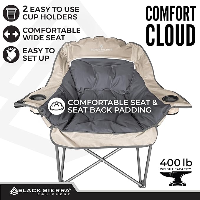 Black Sierra Oversized Camping Chair for Adults, Heavy Duty Outdoor Seat with Plush Padding, Supports 400lbs, Cup Holders & Carry Bag, Comfortable Folding Chair for Tailgating, Patio & Sideline Events