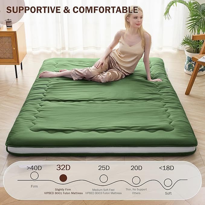 Japanese Floor Futon Mattress Full Size, 4" Thicken Foldable Mattress Tatami Mat Sleeping Pad, 32D Foam Filled Traditional Shiki Futon (shikibuton), Designed in Japan (Green 54"x 80")