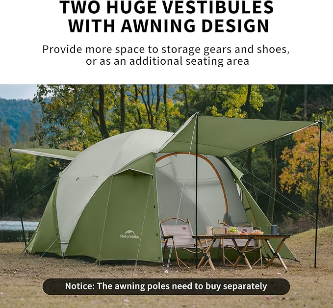 Naturehike KOTA 4/6/8 Person Camping Tent, Double Layer Waterproof 4 Person 6 Person 8 Person Tents for Camping, Large and Tall Family Tent with Vestibules Porch