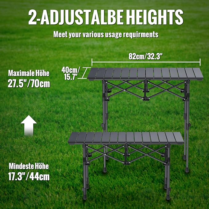 GARLLEN Folding Camping Table, 2 Adjustable Height Portable Roll-up Picnic Table with Storage Net, Lightweight Aluminum Outdoor Table with Carrying Bag for Camping, BBQ, Picnic, 32.2" L x 15.7" W