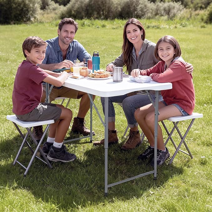 Folding Table 4-FootSmall White Plastic Utility Table Portable,Indoor and Outdoor Adjustable Height with HandleTable, Camping,Partyand Gathering