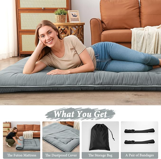 DAICO Japanese Floor Mattress, 4'' Thicken Futon Mattress Tatami Mat, Sleeping Pad Foldable Roll Up Mat for Camping and Guest Room, Queen Size 60''*80'', Grey