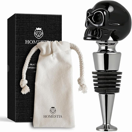 Homestia Gemstone Skull Wine Stopper, Birthday Gifts for Men Women, Bottle Stoppers for Wine Champagne, Reusable Wine Corks for Beverage, Wine Preserver Saver Fresh (Black)