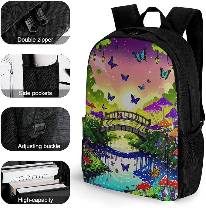 Supdreamc Men Women Polyester Psychedelic Mushroom Trippy Magic Butterfly Art Daypack Backpack Large Capacity Carry On Bag With Smooth Zippers for Hiking Picnic Walking Cycling