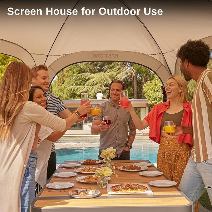 East Oak Screen House Tent Pop-Up, Portable Screen Room Canopy Instant Pop Up Screen Tent 12 x 12 FT with Carry Bag for Patio, Backyard, Deck & Outdoor Activities, Beige