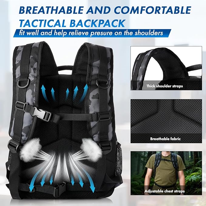 PLUSINNO Tactical Backpack, 40L Water Resistant Military Backpack, gym backpack for men, Laptop Backpack, Large MOLLE Tactical Bag, 3-Day Bug Out Bag For Work Camping, Hiking with Molle System