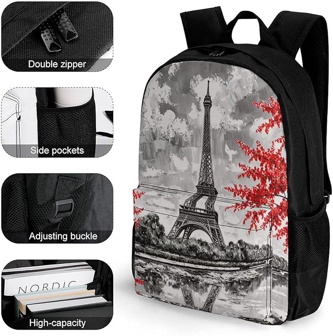 Supdreamc Men Women Lightweight Oil Painting Paris European City Landscape France Eiffel Tower Backpack Large Capacity Bookbag With Smooth Zippers for Gym Business Running