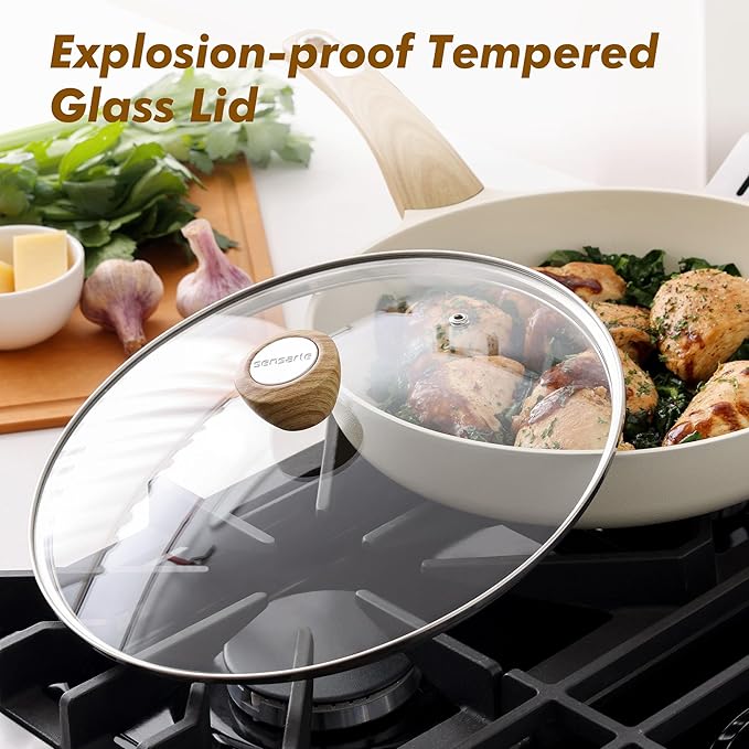 SENSARTE Ceramic Nonstick Frying Pan Skillet with Lid, 9.5inch Non Stick Pan Omelet Pans, Non-toxic Kitchen Cooking Chef's Pan, Free of Intentionally Added PFAS/PTFE/PFOA, Induction Compatible, White