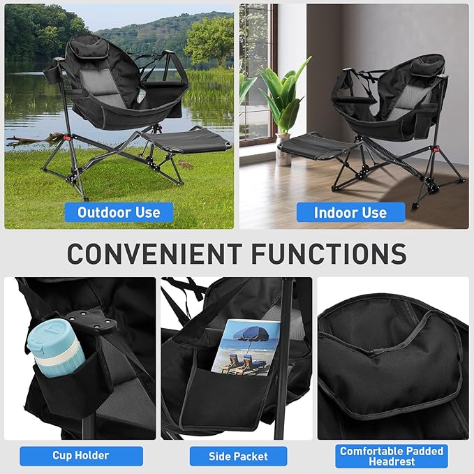 Ainfox Hammock Camping Chair with Footrest, Heavy Duty Foldable Portable Rocking Hammock Chairs Outside Swinging Camp with Cup Holder Pillow for Outdoor Patio Poolside Black Grey