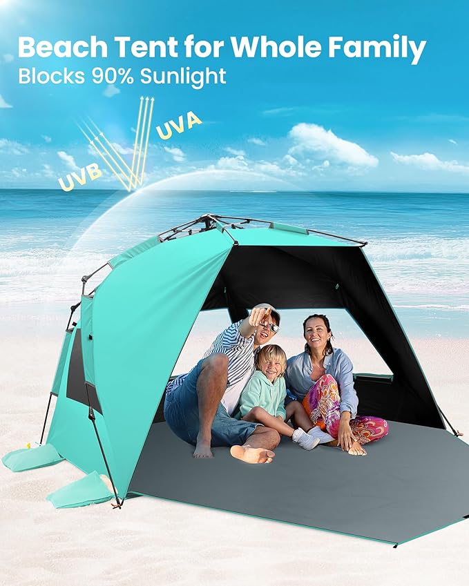 OutdoorMaster Beach Tent with Blackout Shelter Technology, Portable Sun Shade Shelter 4 Person, Pop Up Beach Tents with UPF 50+ UV Protection, 9.5mm Thick Pole, 3 Ventilating Mesh Windows -Green