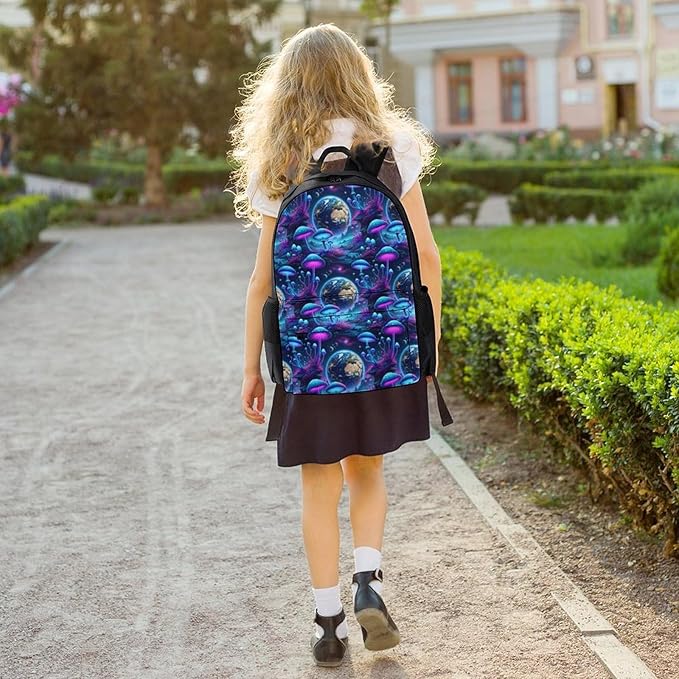 Daypack Anti-Theft Multipurpose Large Capacity Shoulder Bag, Trippy Mushroom Magic World Glowing Art Travel Hiking Camping Rucksack With Smooth Zippers