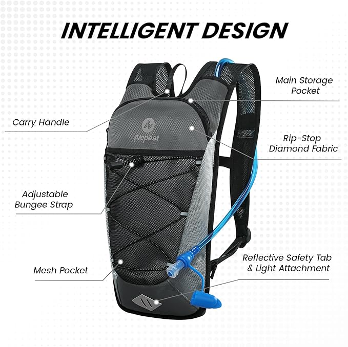 Nepest Hydration Backpack with 2L Water Bladder for Cycling, Water Backpack for Hiking Running, Lightweight Hydration Pack , Grey