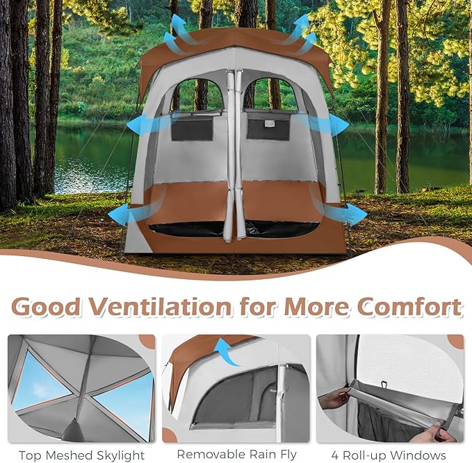 Goplus 2 Room Shower Tent, Portable Camping Changing Shelter with Floor Drain,Detachable Rain Fly, Stakes & Ropes, UV Protection, Water Resistant Privacy Tent for Outdoor Toilet, Dressing (Coffe)