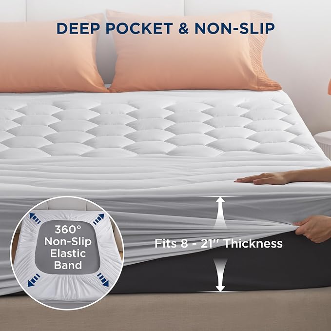 Bedsure Full Size Mattress Pad - Quilted Fitted Mattress Topper Protector with 8-21 Inches Deep Pocket, Noiseless Breathable Bed Cover Padded, Machine Washable, White, 54x75 Inches