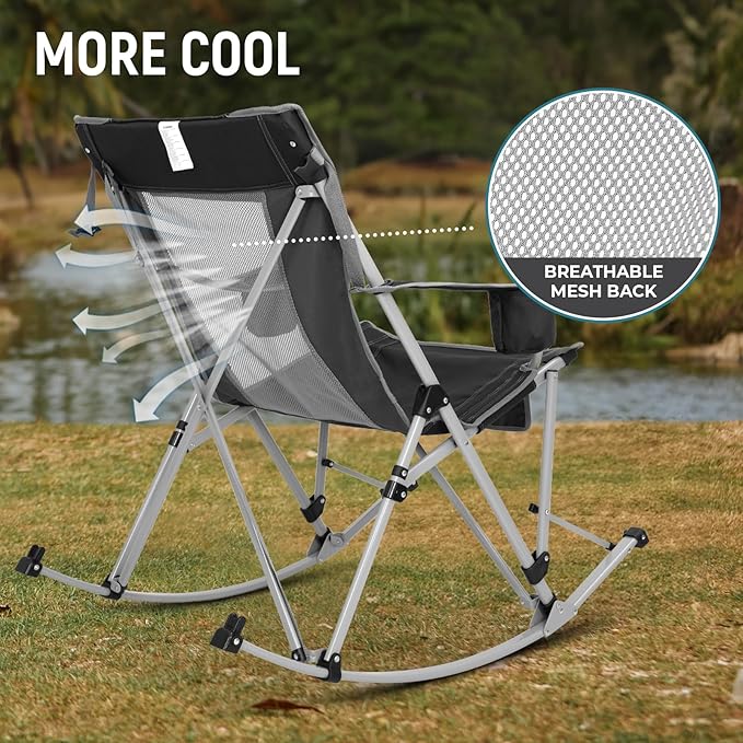 FUNDANGO Rocking Camping Chair, 2 Pack High Mesh Back Portable Folding Camp Chairs with Pillows, Cup Holder and Carry Bag for Lawn Patio Garden Outdoor Supports 300 Lbs (Black/Grey)
