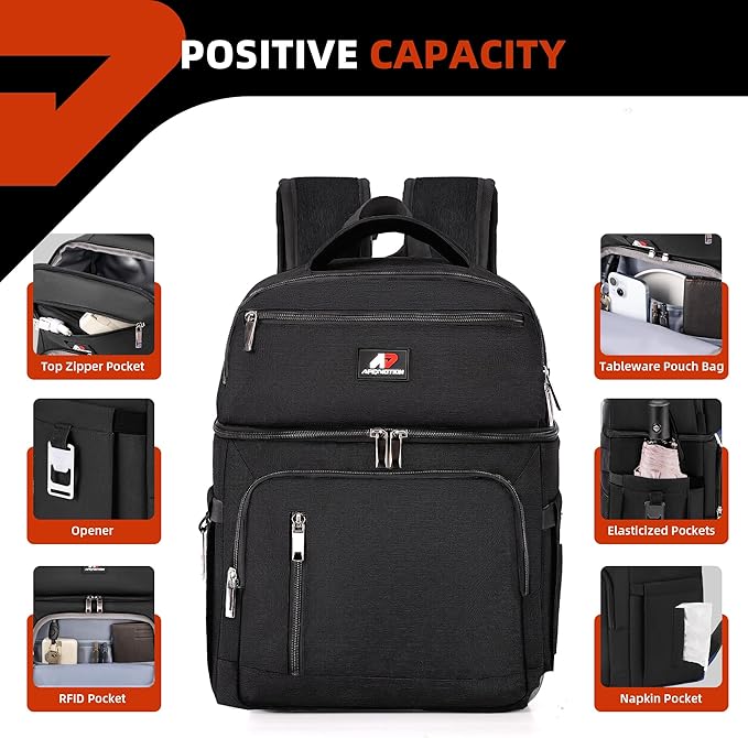 COOLJOB Insulated Cooler Backpack for Men Women, Leakproof Lunch Bag with Waterproof Liner, Double Roomy Deck, RFID, Black