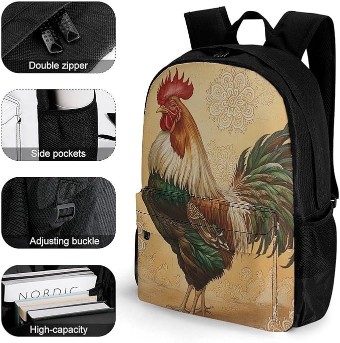 Supdreamc Men Women Polyester Retro Rooster Daypack Big Capacity Shoulder Bag With Smooth Zippers for Hiking Work Walking Cycling