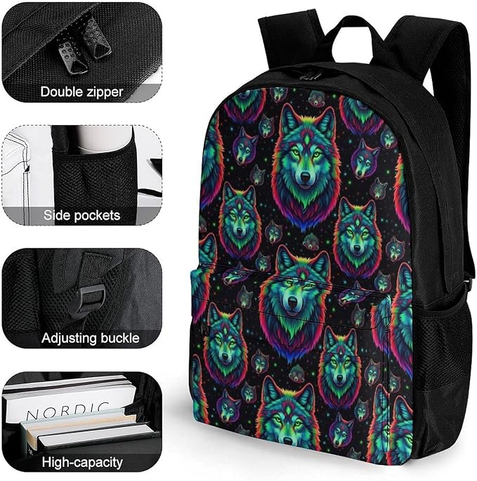 Polyester Daypack Bookbag for Gym Business Bicycle, Large Capacity Multipurpose Anti-Theft Carry On Bag, Colorful Fire Flame Wolf Travel Hiking Daypack